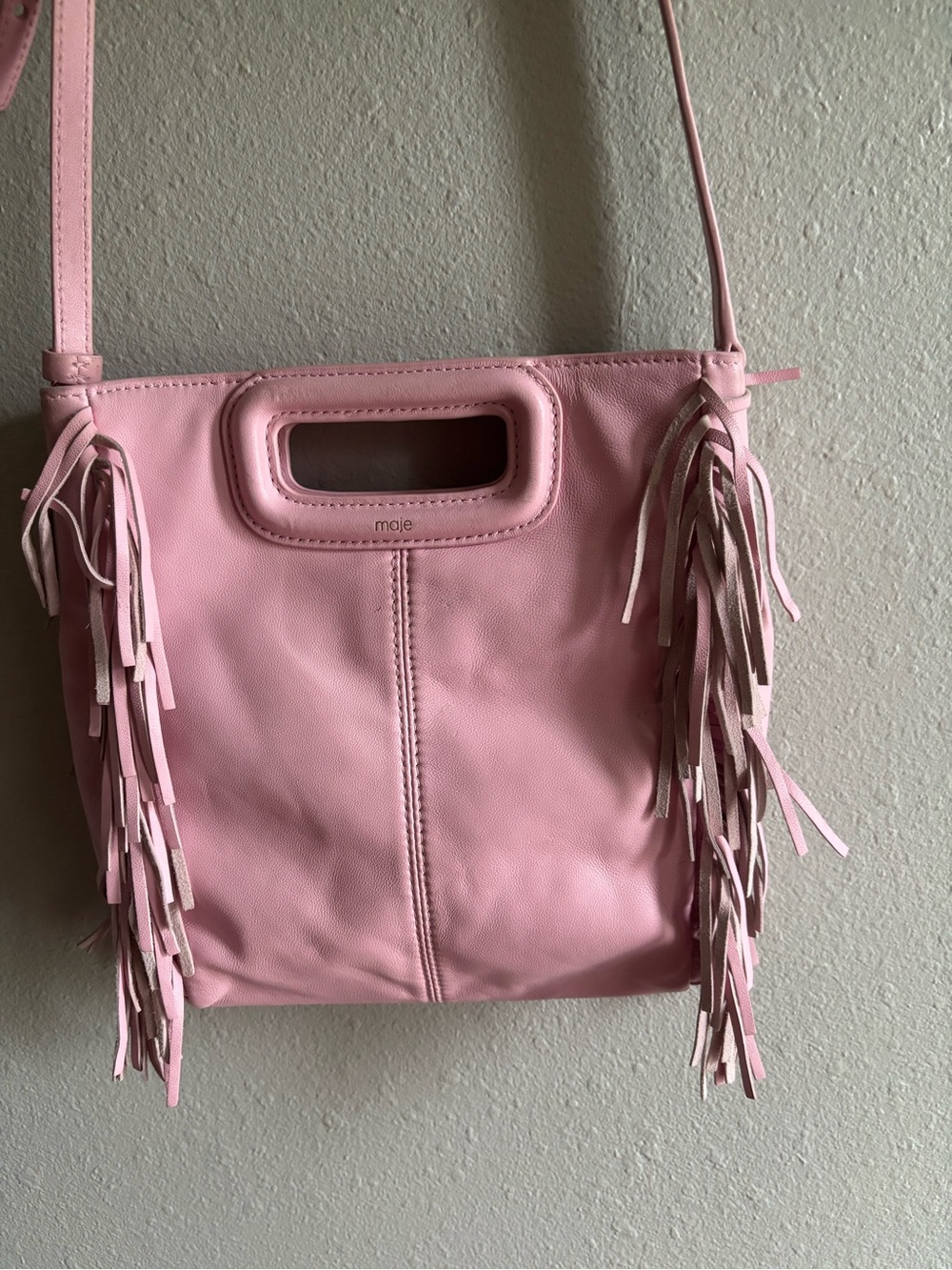 Maje Pink Leather Fringe Tote Shoulder Bag